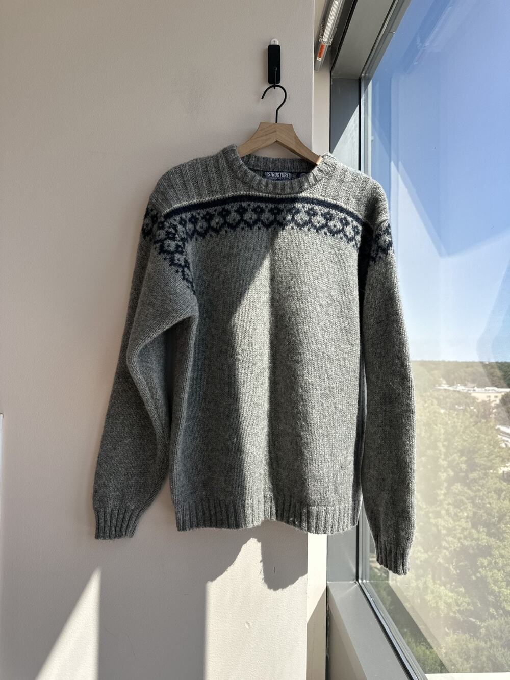Vintage Structure 100% Wool Gray Knit Fair Isle Pattern Grandpa core Sweater L